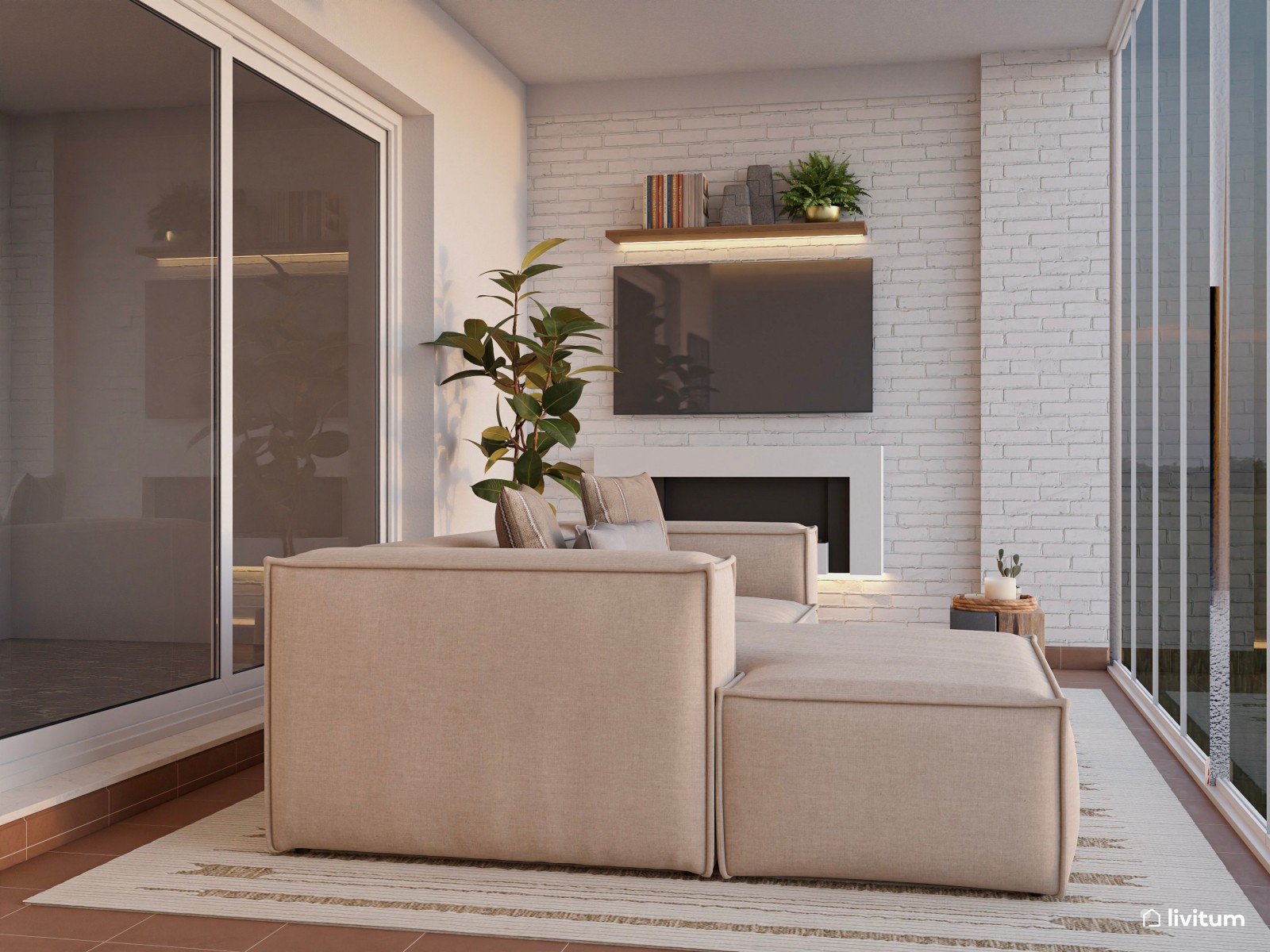 Despacho con amplio sofá modular con chaise longue