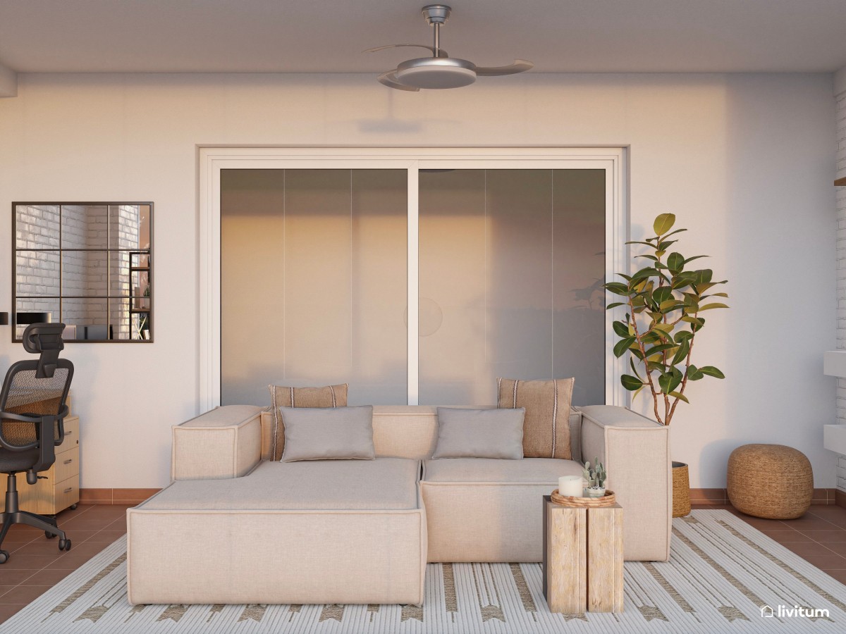 Despacho con amplio sofá modular con chaise longue