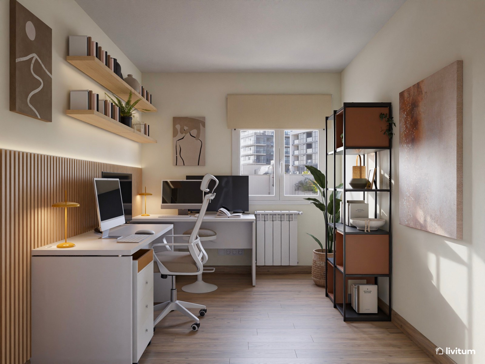 Despacho con dos mesas y listones de madera