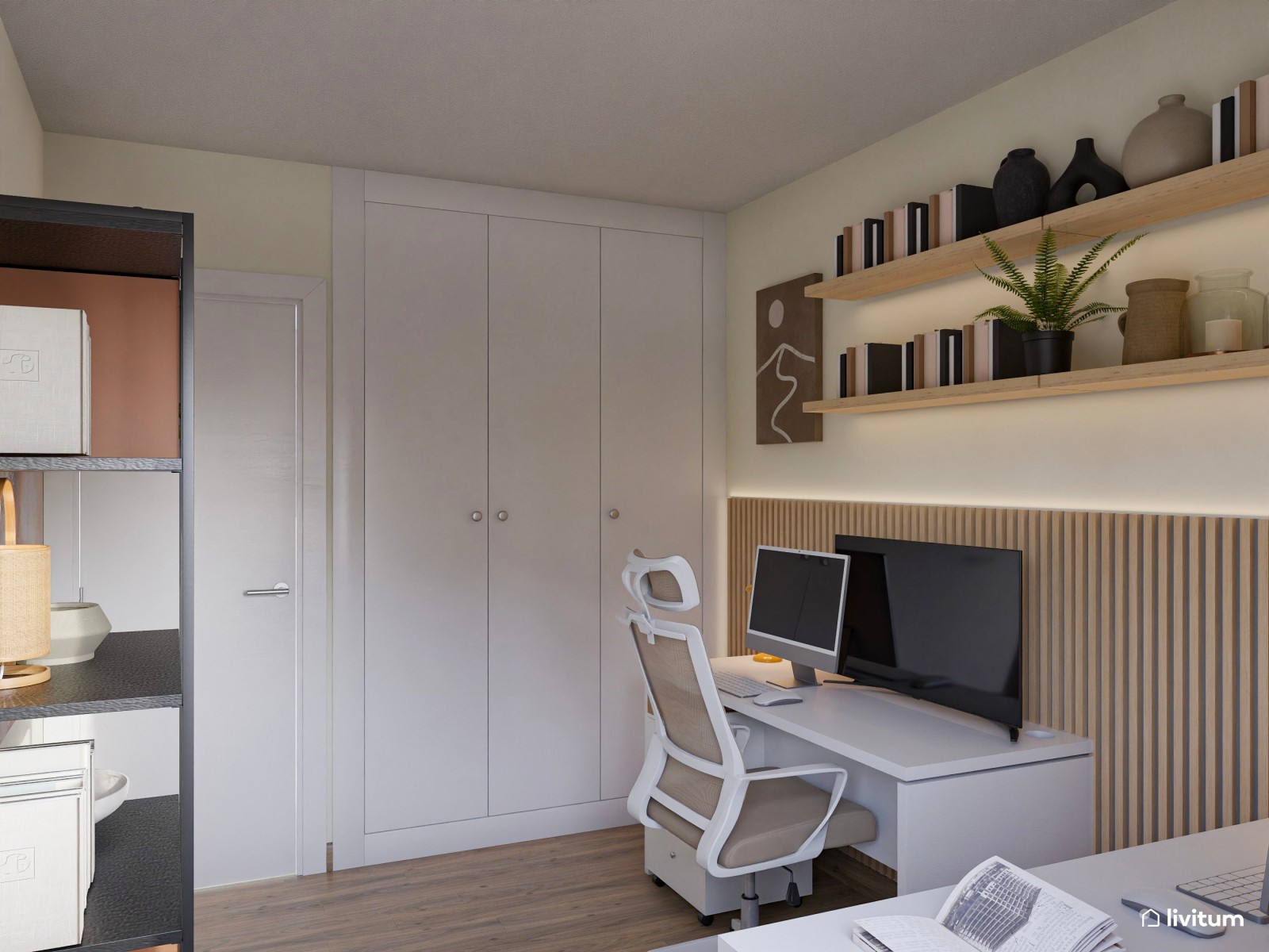 Despacho con dos mesas y listones de madera