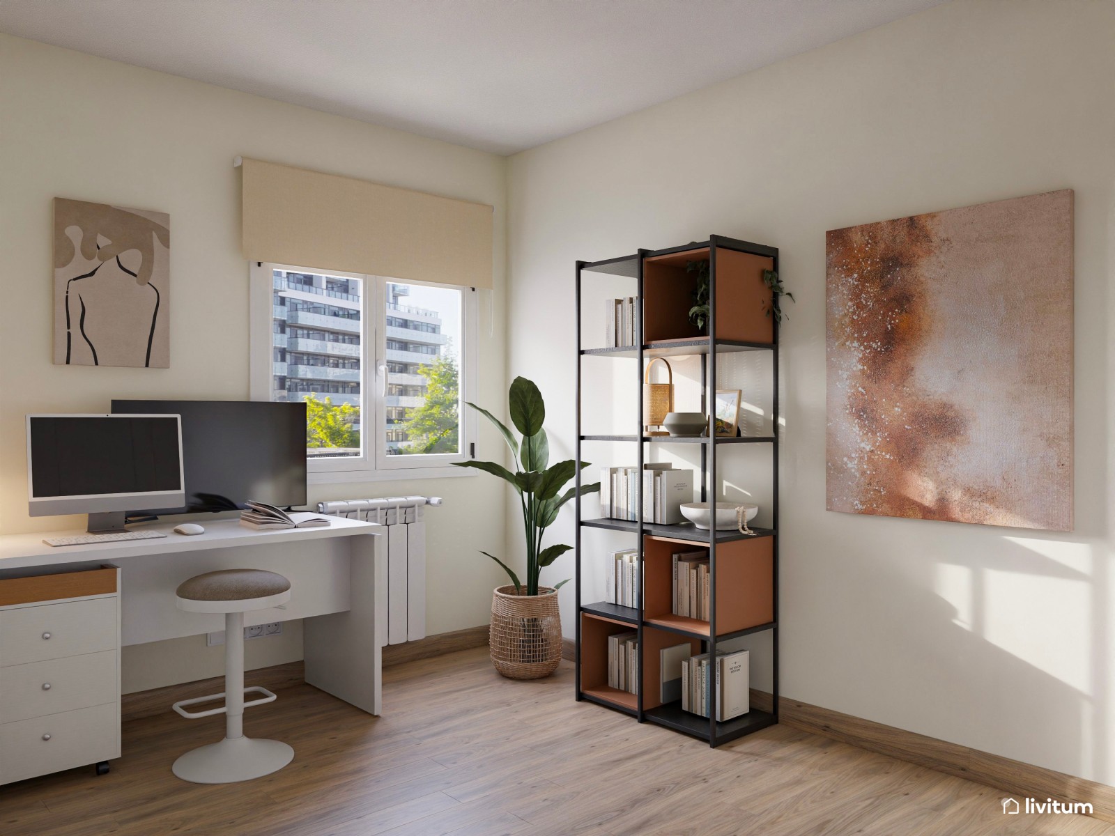 Despacho con dos mesas y listones de madera