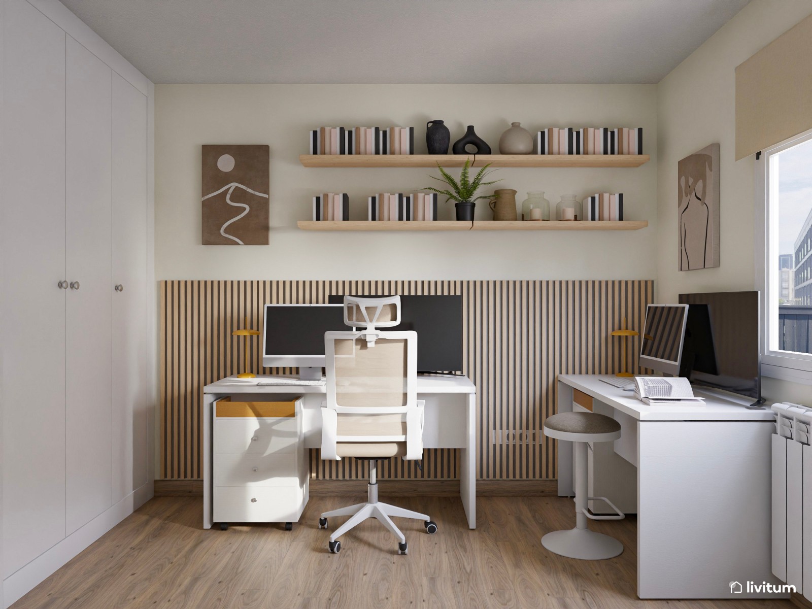 Despacho con dos mesas y listones de madera