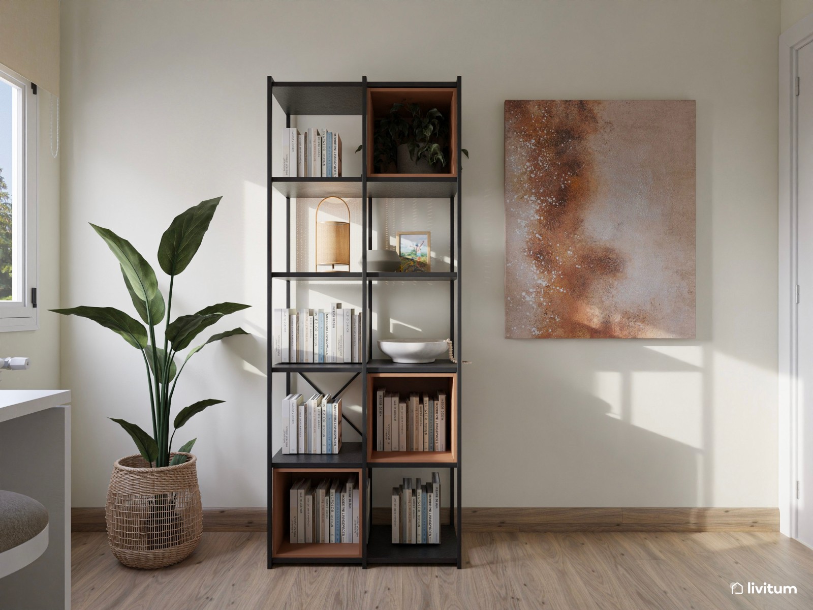 Despacho con dos mesas y listones de madera