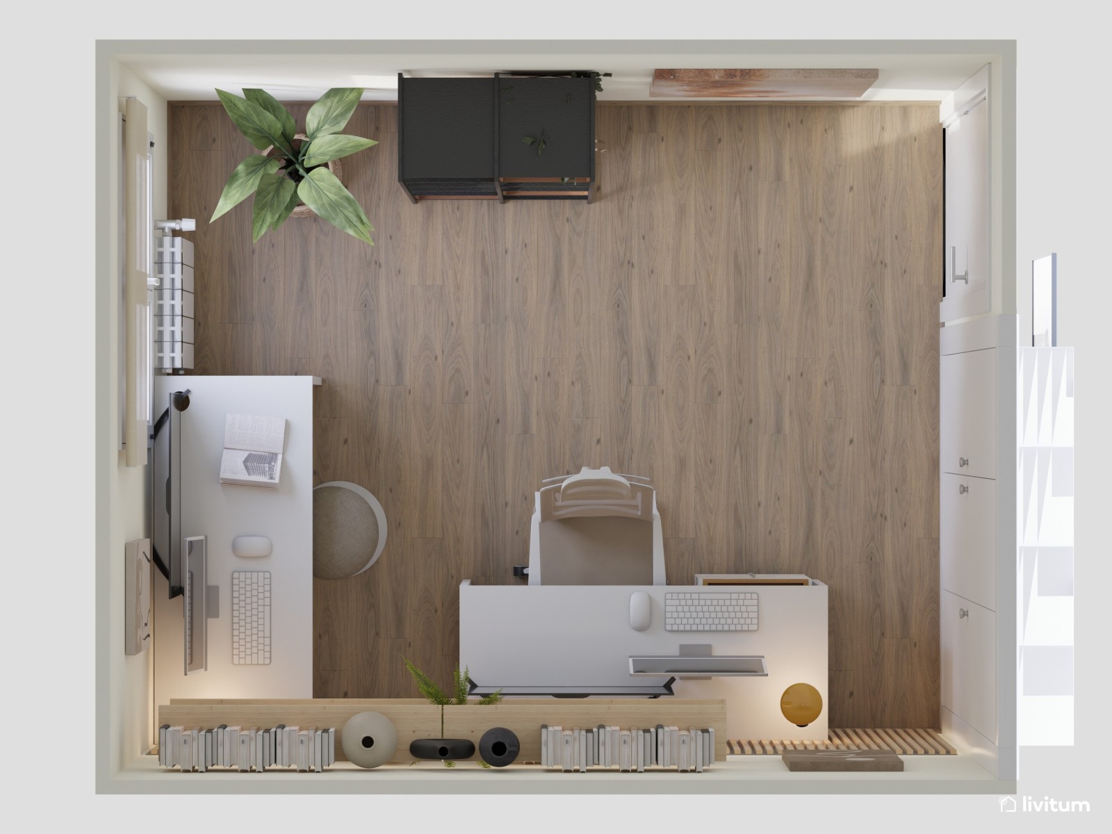 Despacho con dos mesas y listones de madera