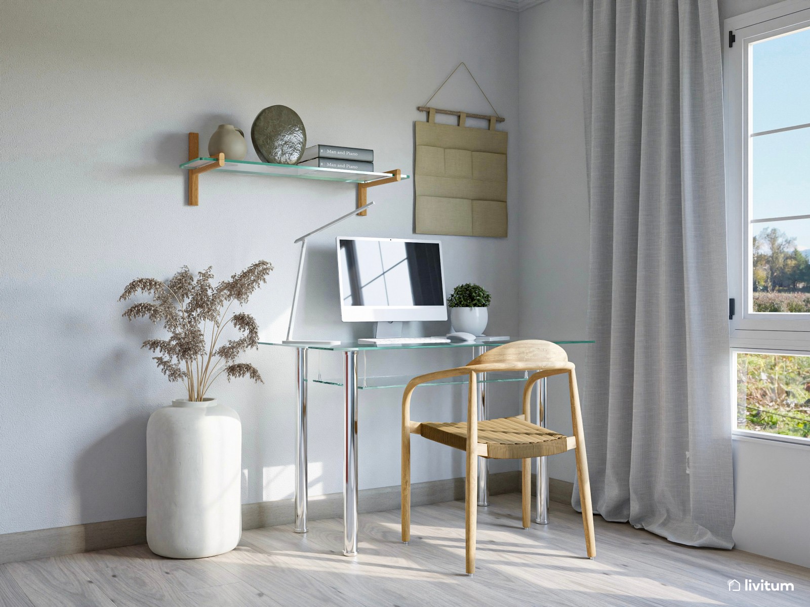 Despacho con la combinación madera+ cristal + detalles azules