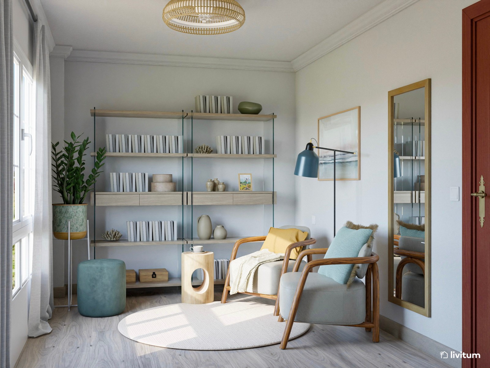 Despacho con la combinación madera+ cristal + detalles azules