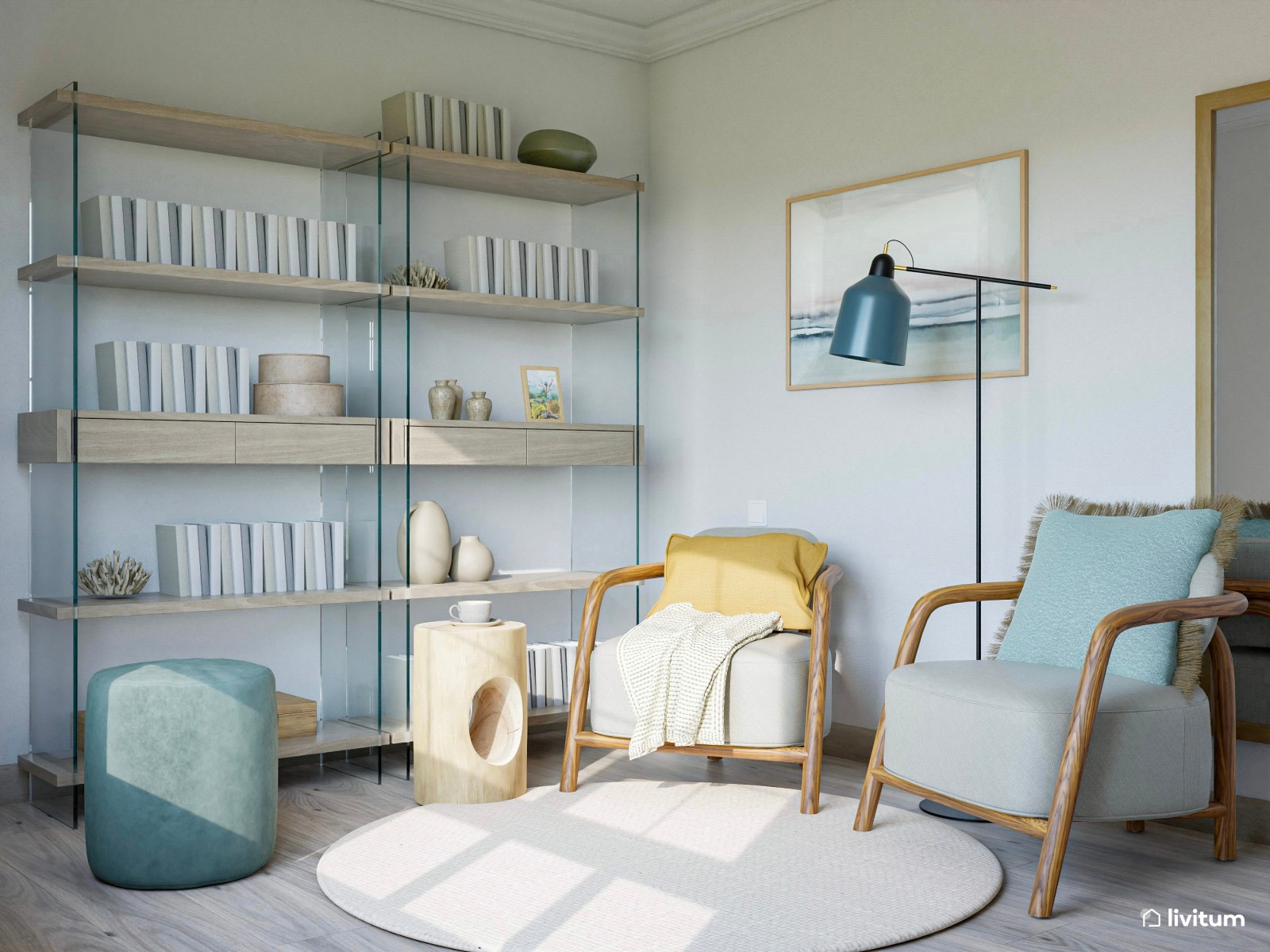 Despacho con la combinación madera+ cristal + detalles azules