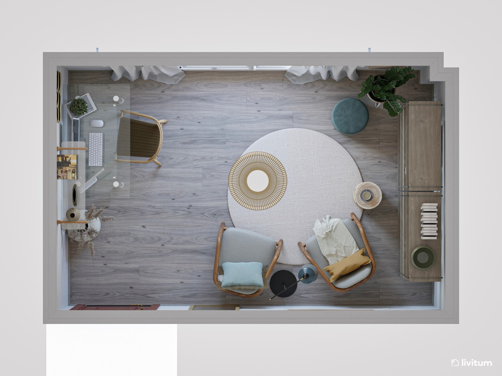 Despacho con la combinación madera+ cristal + detalles azules