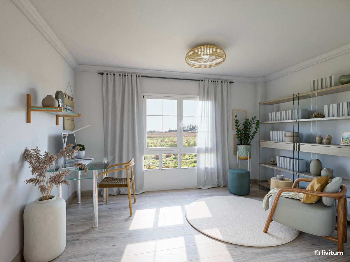 Despacho con la combinación madera+ cristal + detalles azules