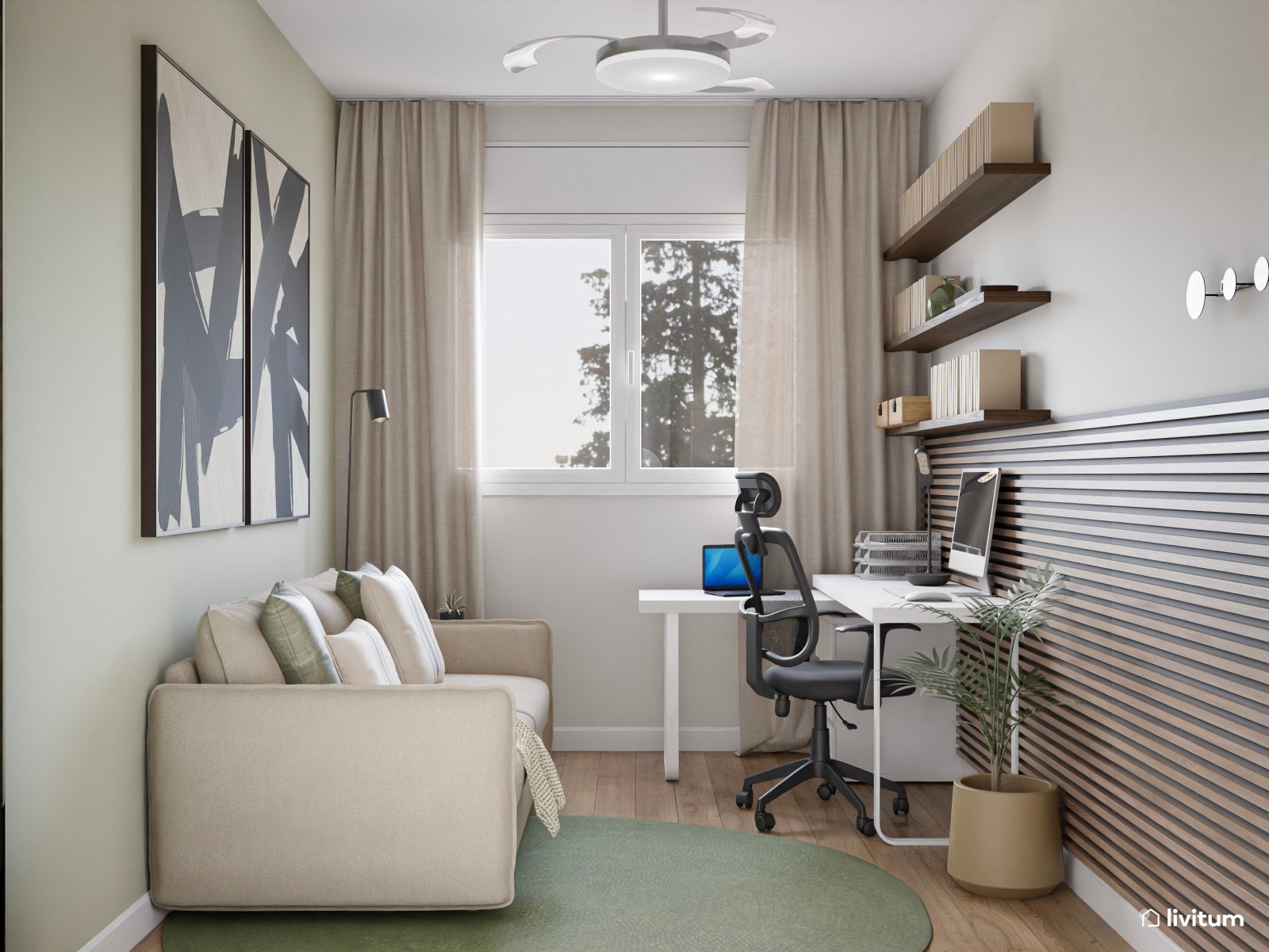 Despacho de estilo industrial en verde con listones de madera oscura