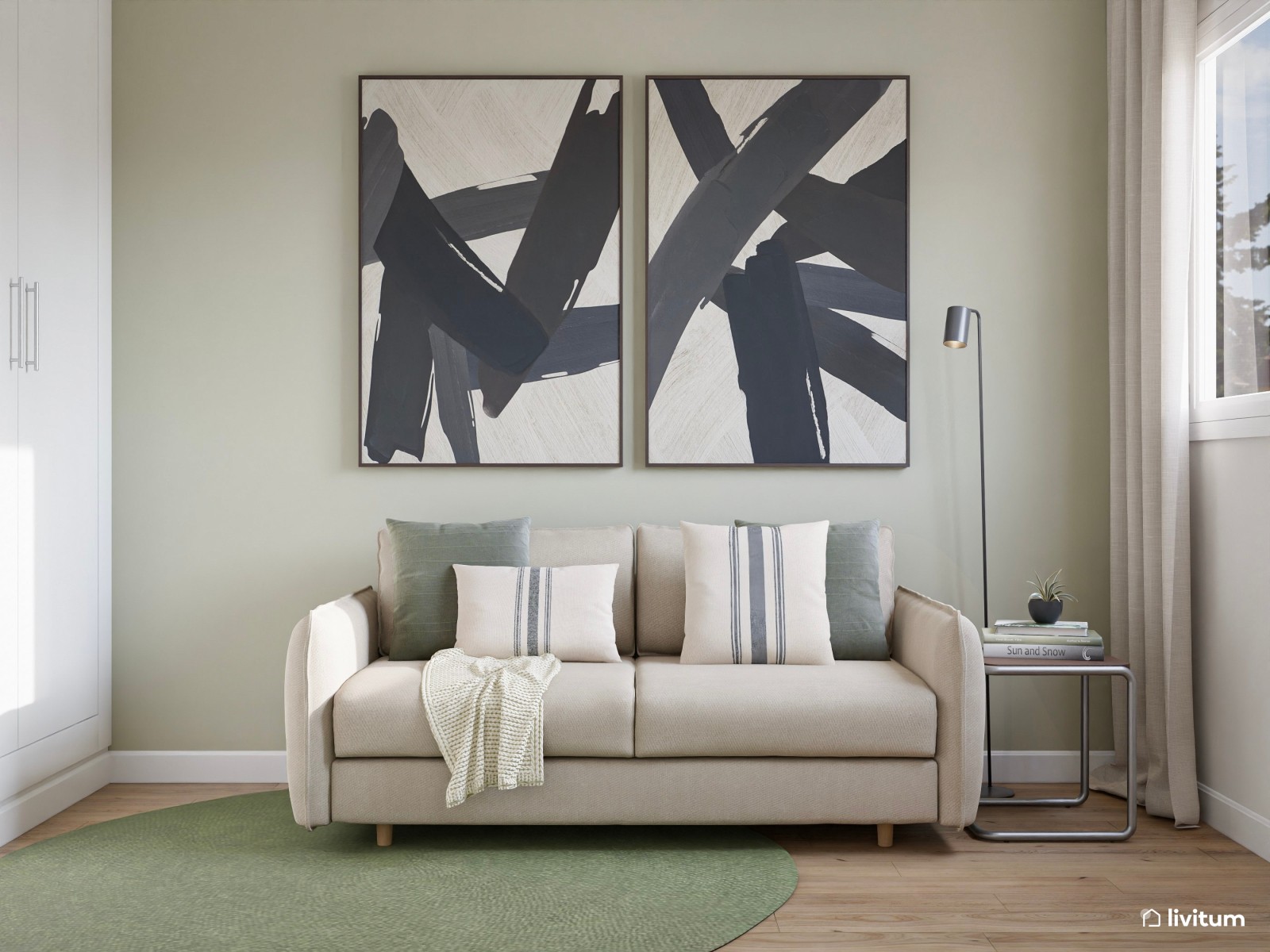 Despacho de estilo industrial en verde con listones de madera oscura