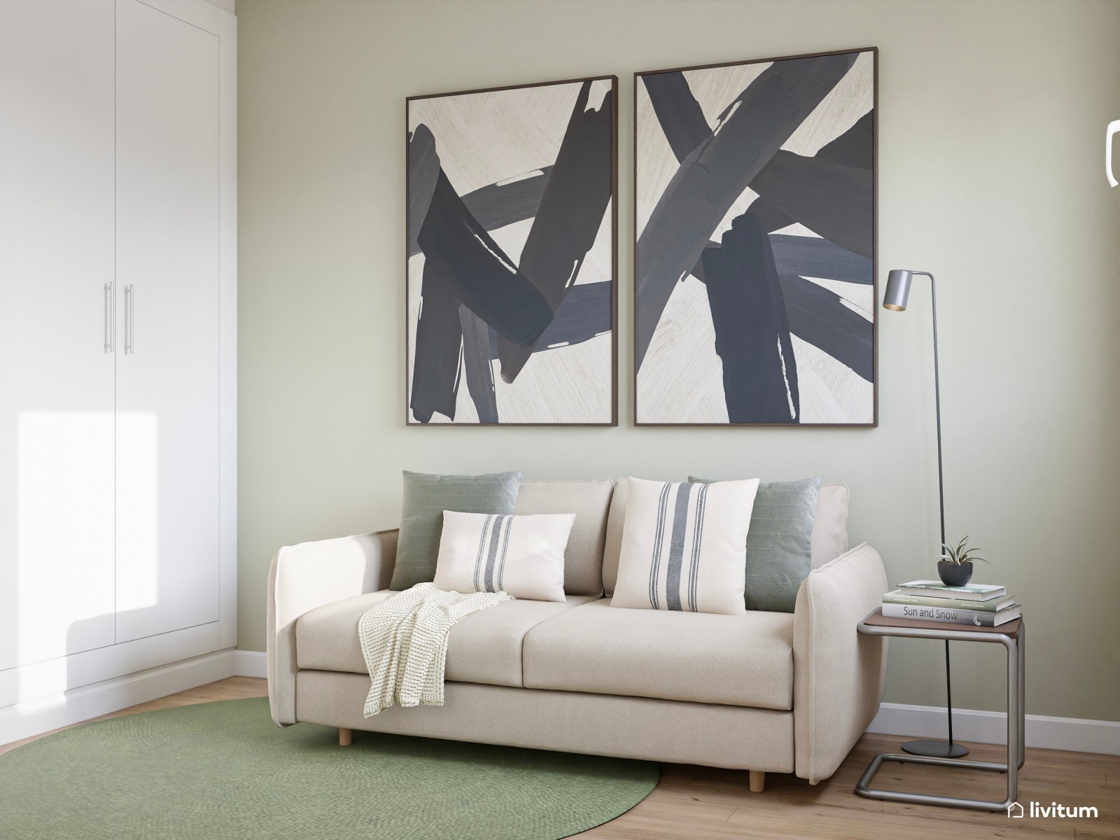 Despacho de estilo industrial en verde con listones de madera oscura