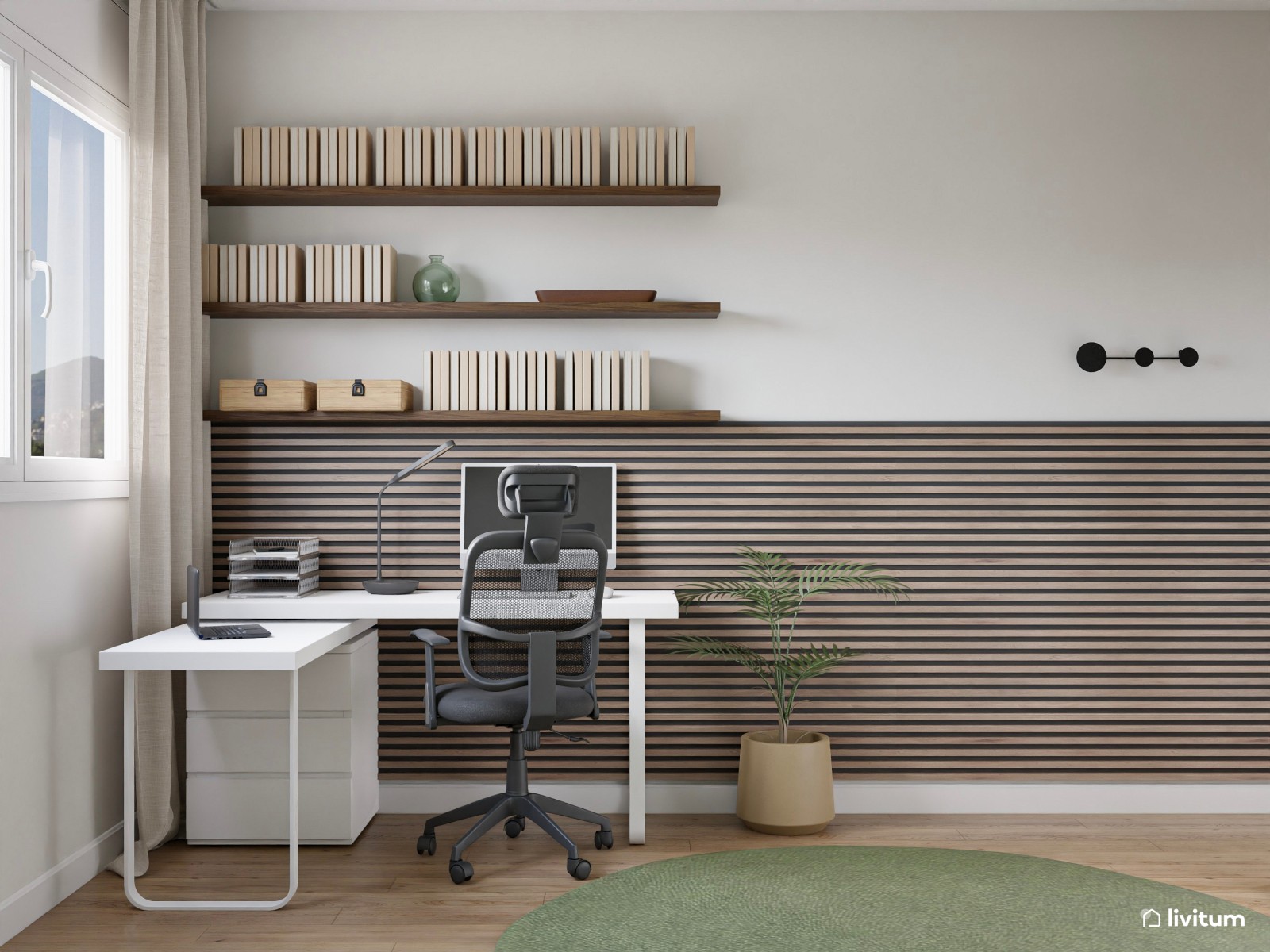 Despacho de estilo industrial en verde con listones de madera oscura