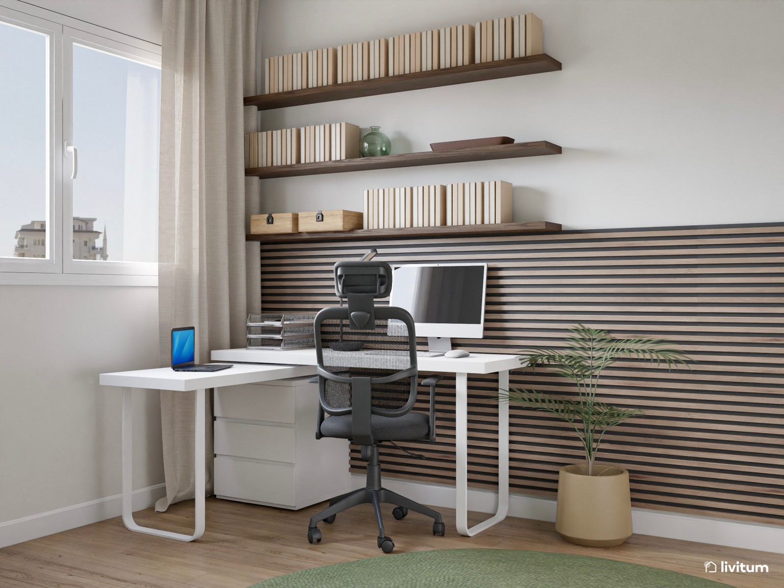 Despacho de estilo industrial en verde con listones de madera oscura