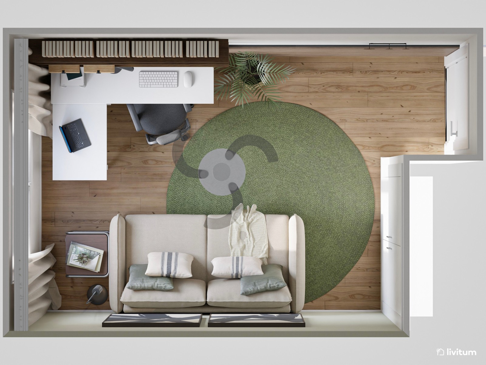 Despacho de estilo industrial en verde con listones de madera oscura