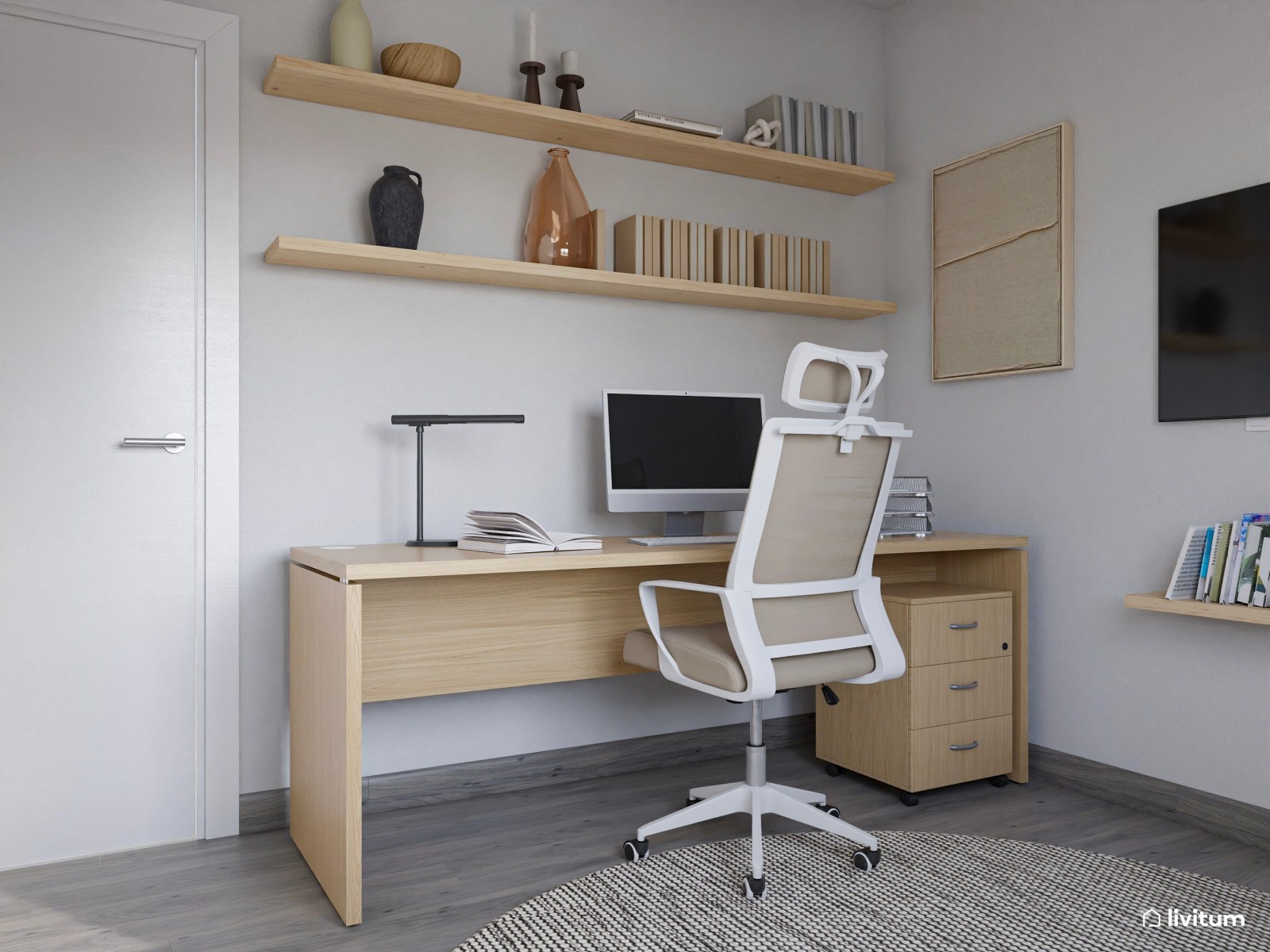 Despacho de estilo minimalista con dos originales pufs