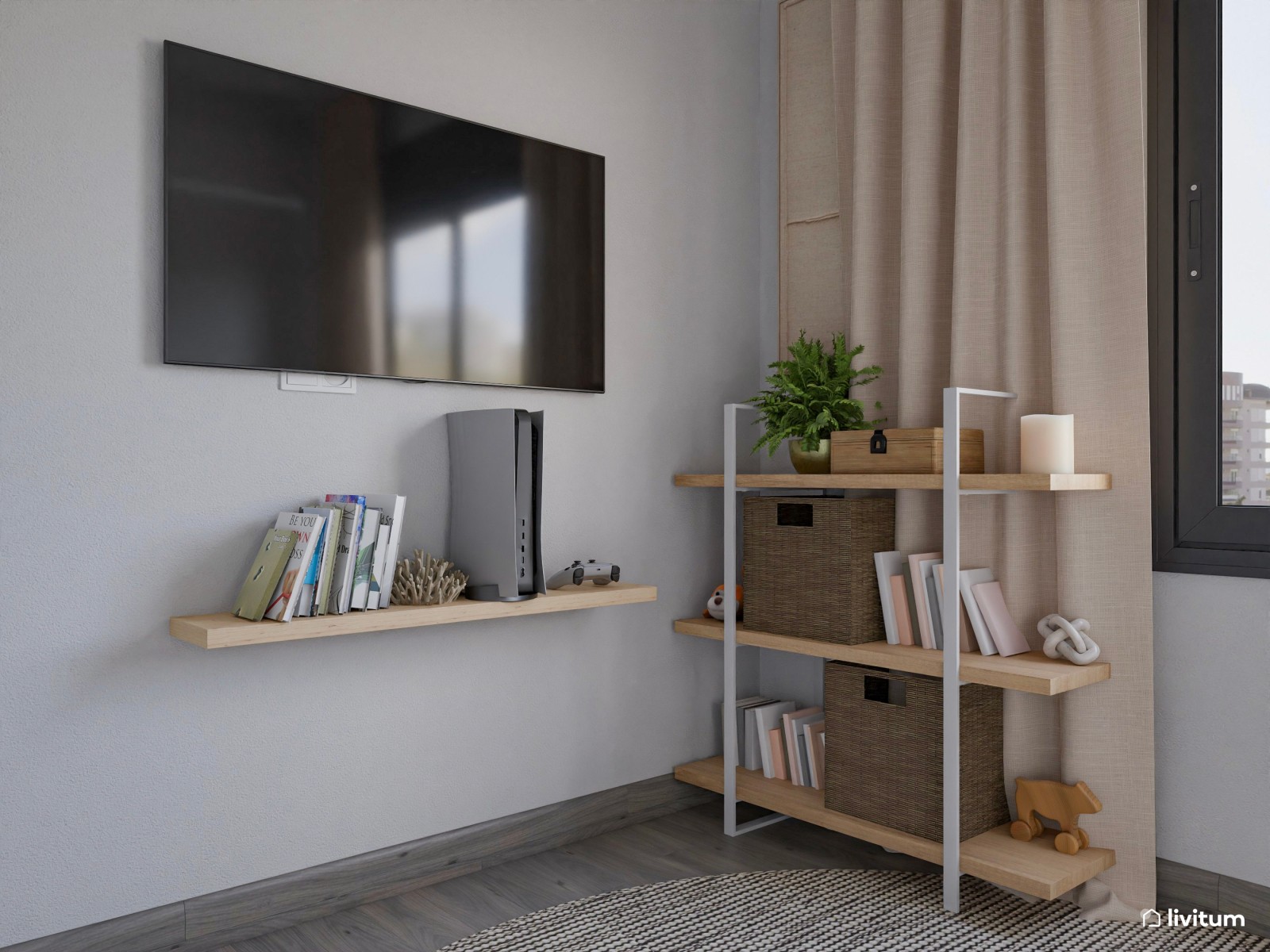 Despacho de estilo minimalista con dos originales pufs