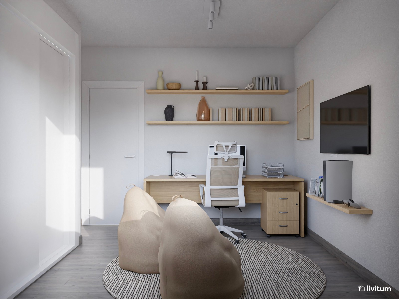 Despacho de estilo minimalista con dos originales pufs