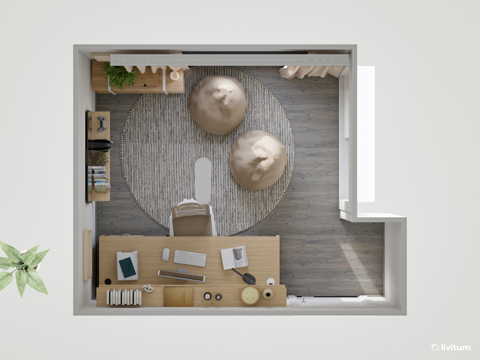 Despacho de estilo minimalista con dos originales pufs