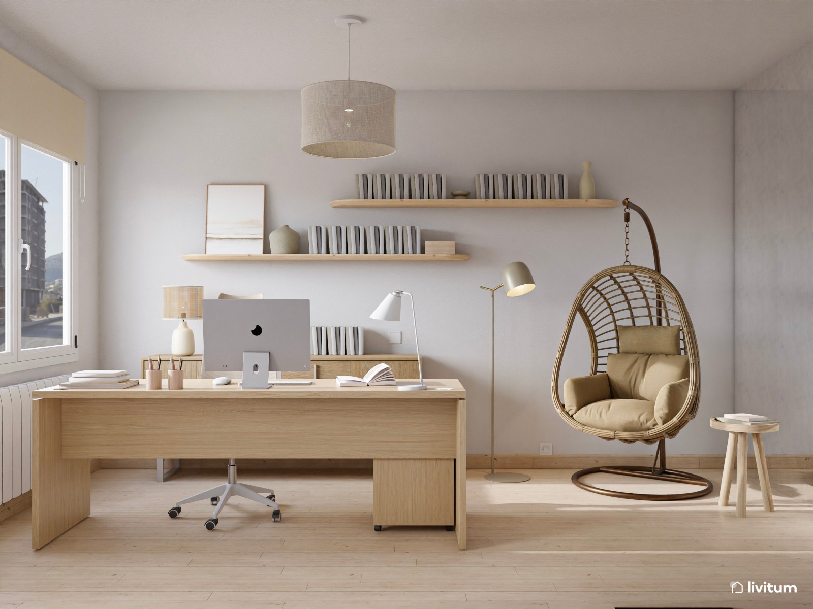 Despacho de estilo nórdico con sillón colgante de ratán