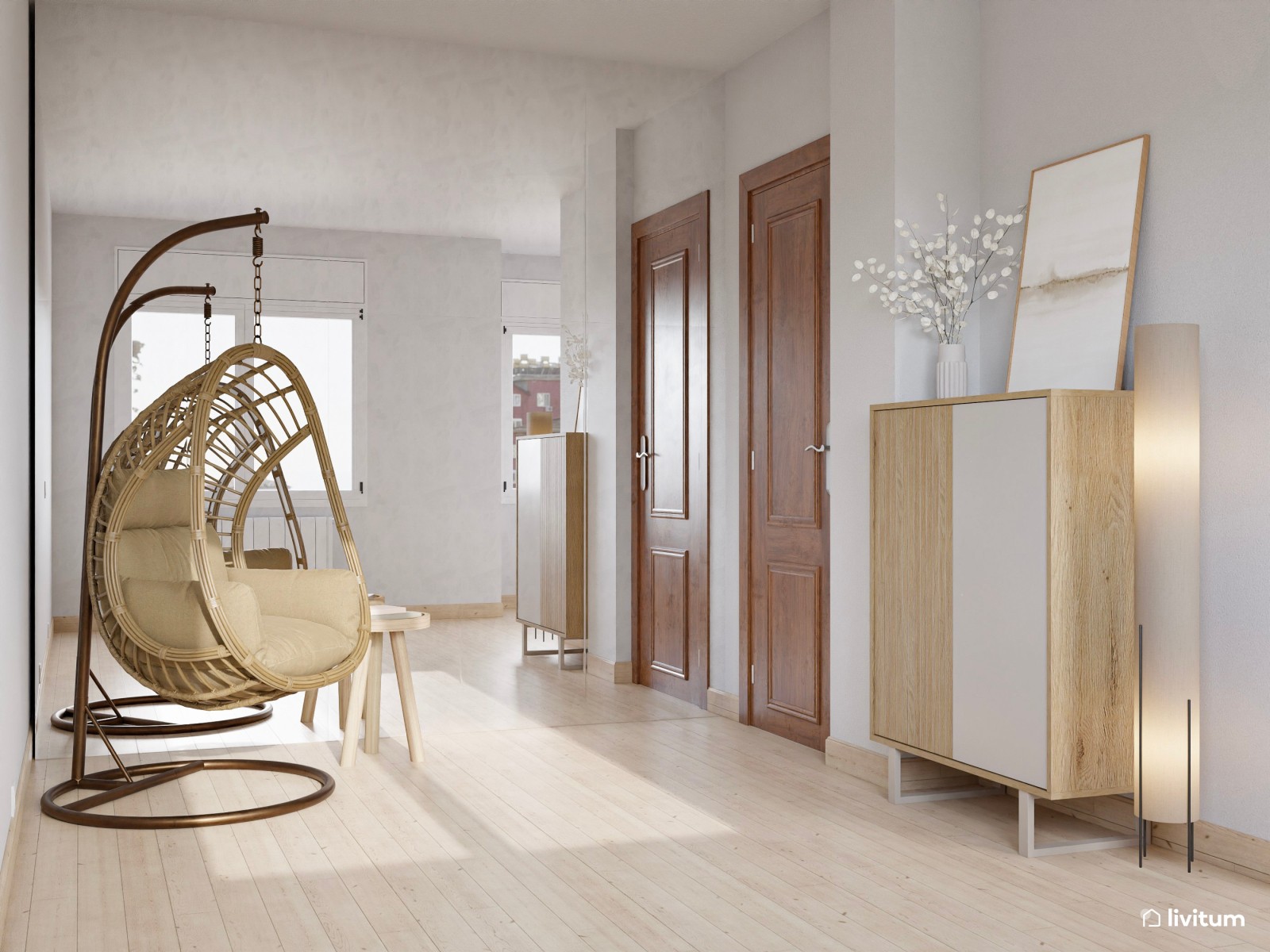 Despacho de estilo nórdico con sillón colgante de ratán
