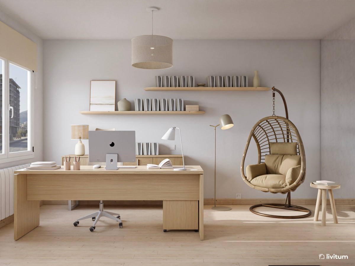 Despacho de estilo nórdico con sillón colgante de ratán