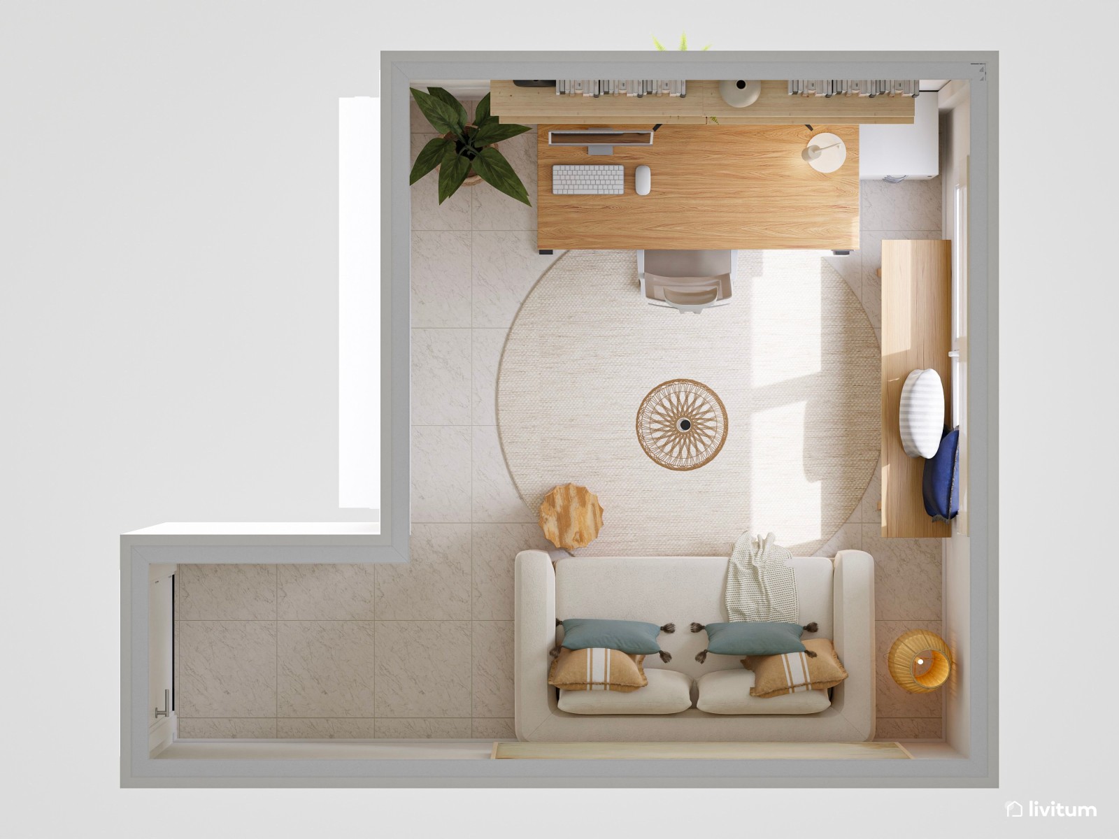 Despacho de estilo nórdico con sofá cama para invitados