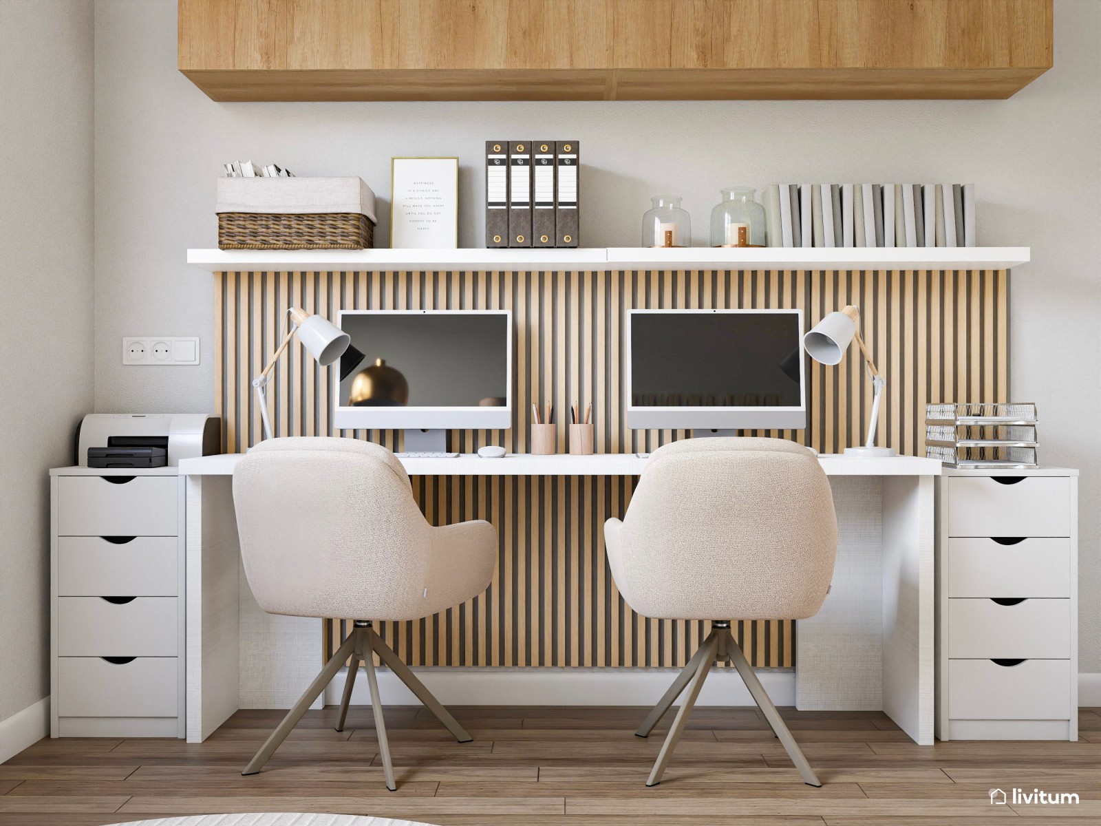 Despacho doble con impresionante librería y listones de madera