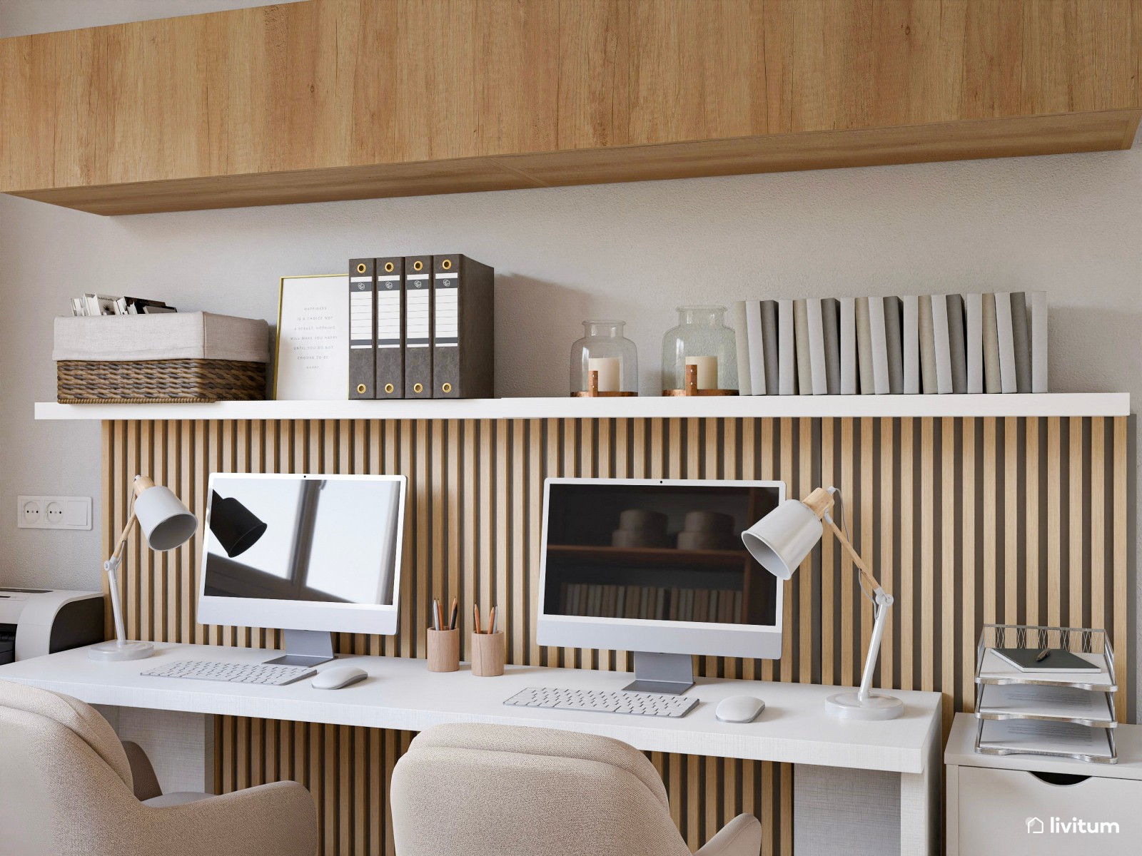 Despacho doble con impresionante librería y listones de madera