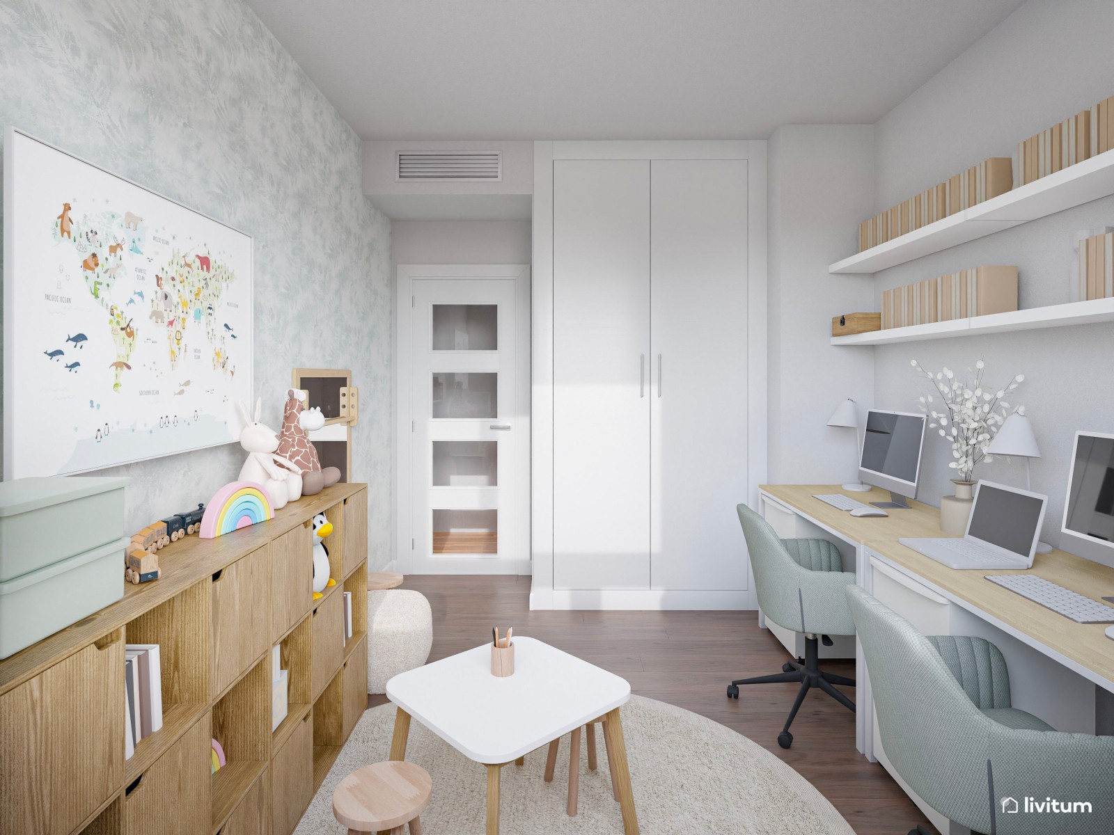 Despacho doble con zona de juegos de tonos claros