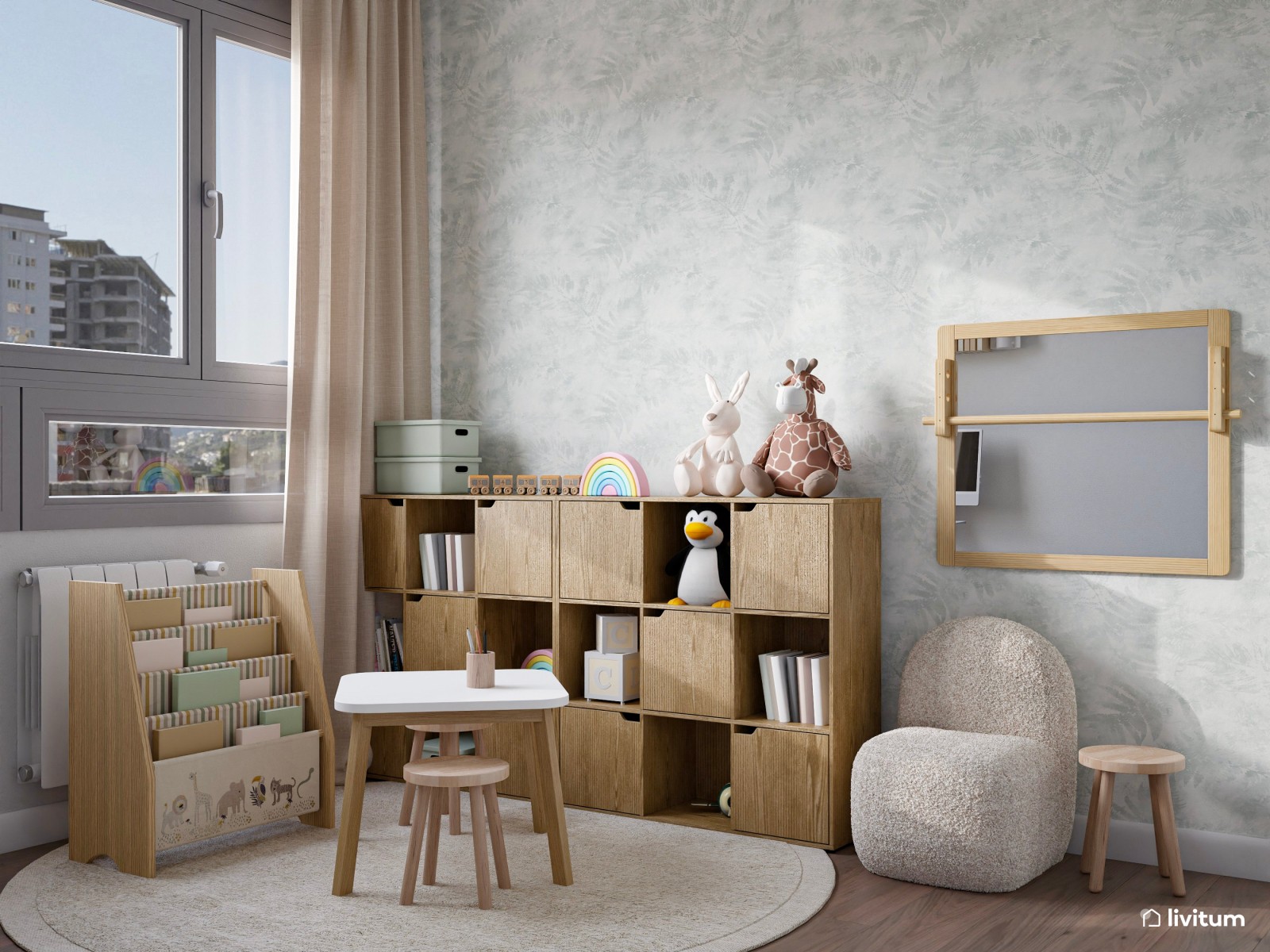 Despacho doble con zona de juegos de tonos claros