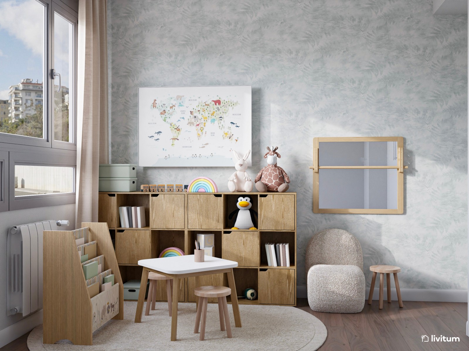 Despacho doble con zona de juegos de tonos claros