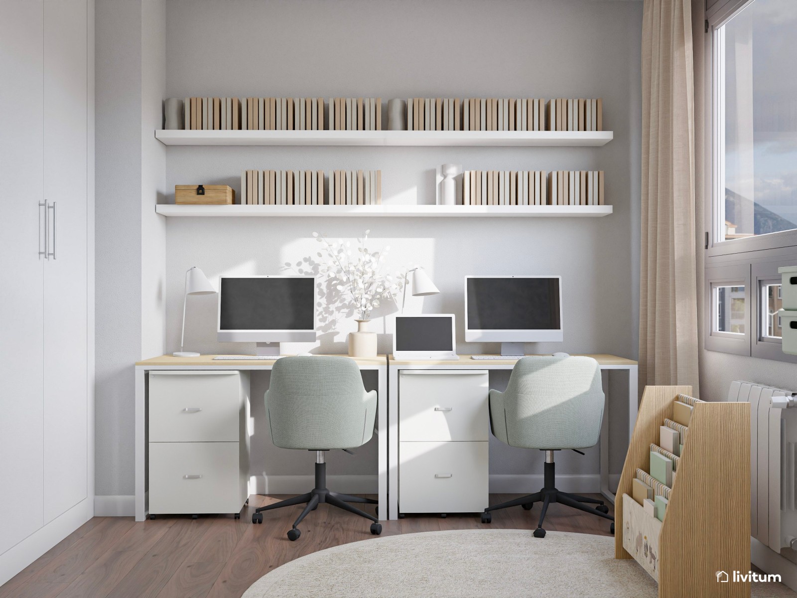 Despacho doble con zona de juegos de tonos claros