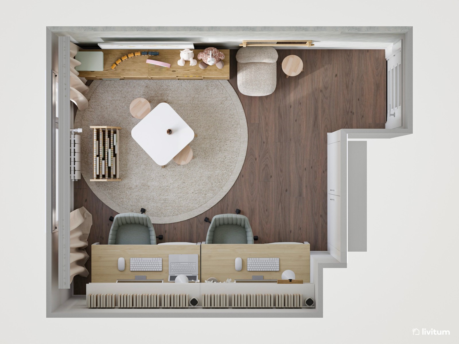 Despacho doble con zona de juegos de tonos claros