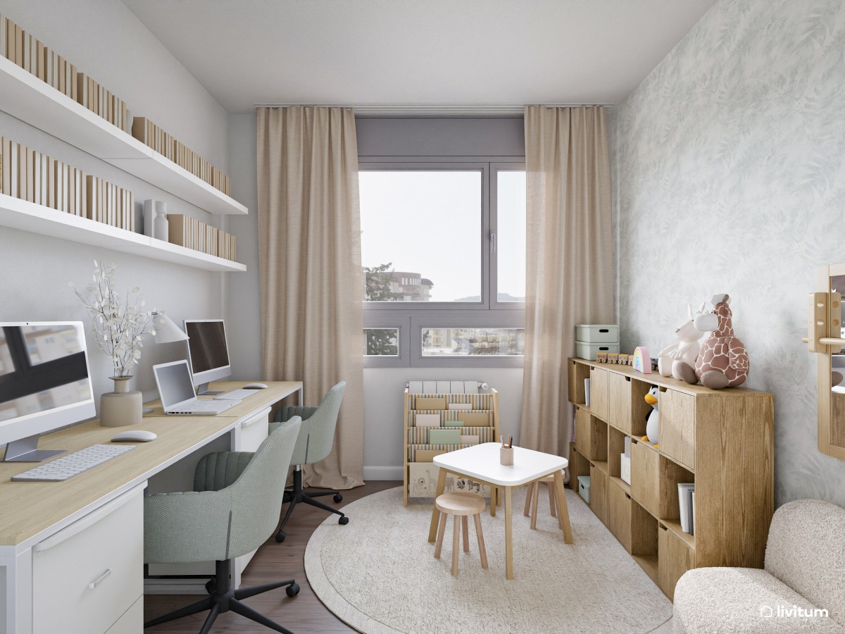 Despacho doble con zona de juegos de tonos claros