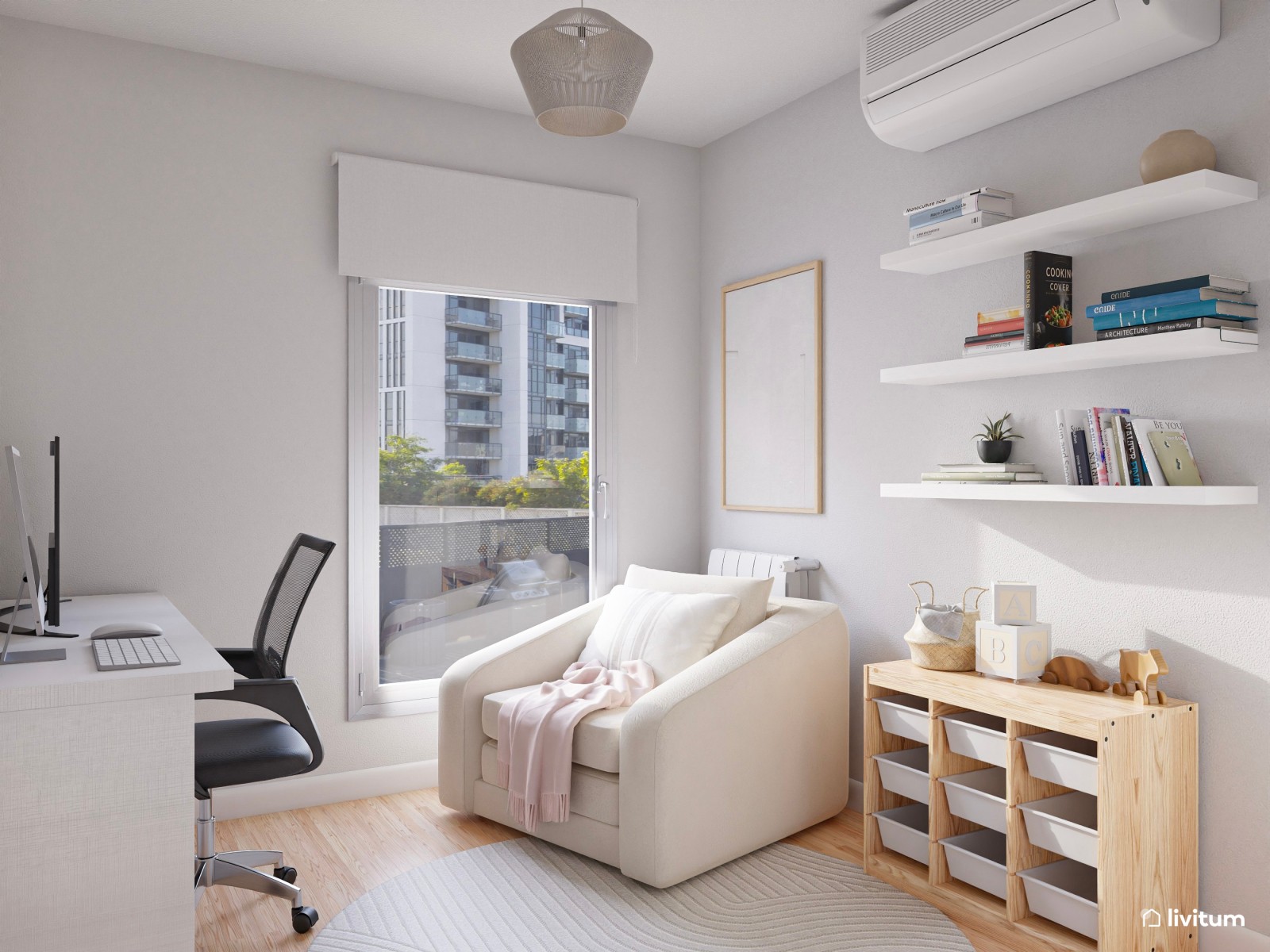 Despacho en tonos claros y con un sillón cama en blanco 