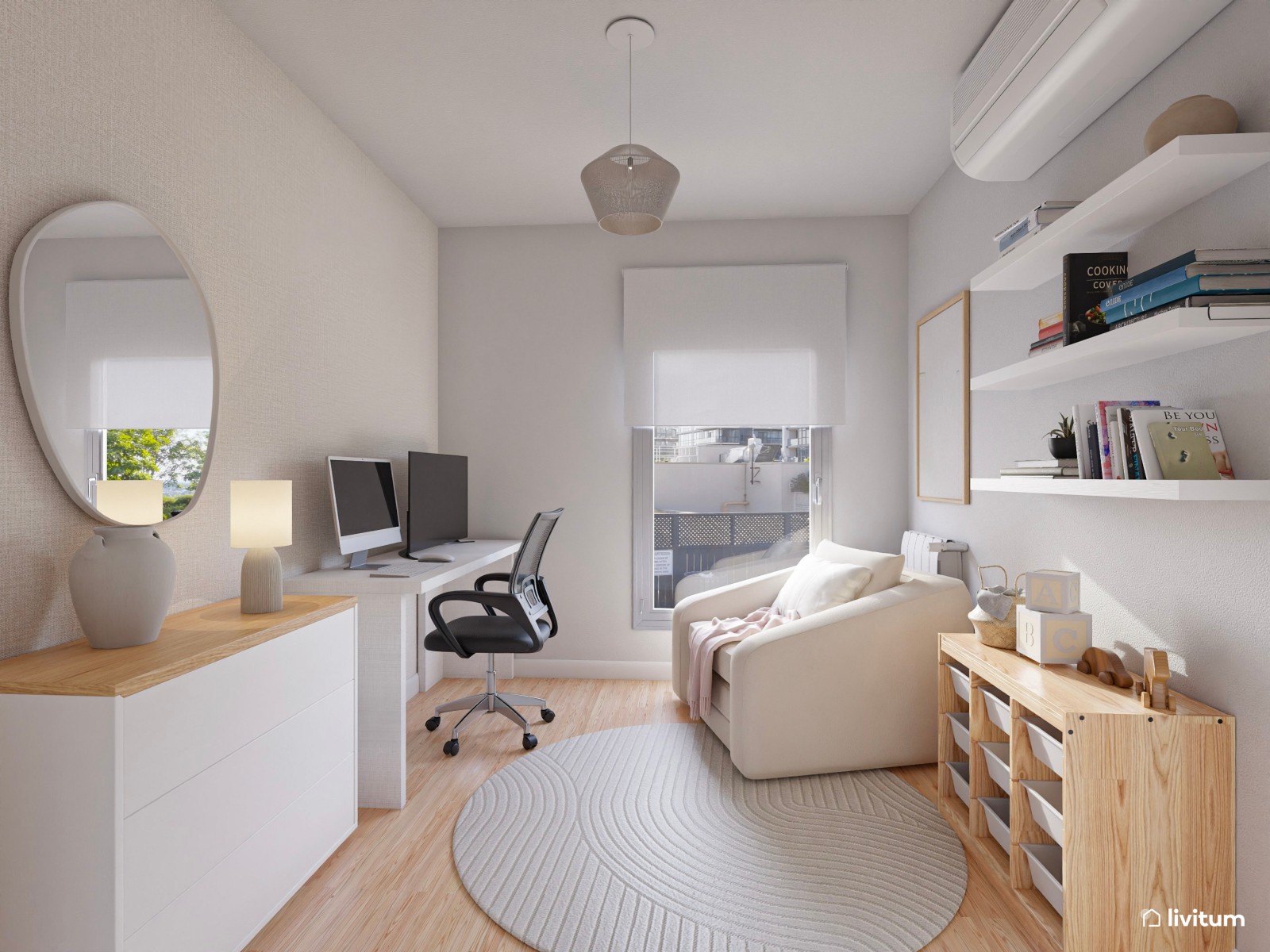 Despacho en tonos claros y con un sillón cama en blanco 