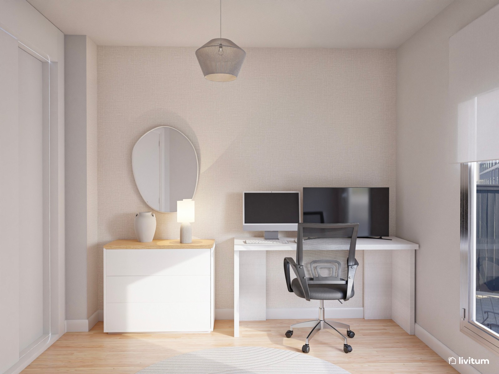 Despacho en tonos claros y con un sillón cama en blanco 