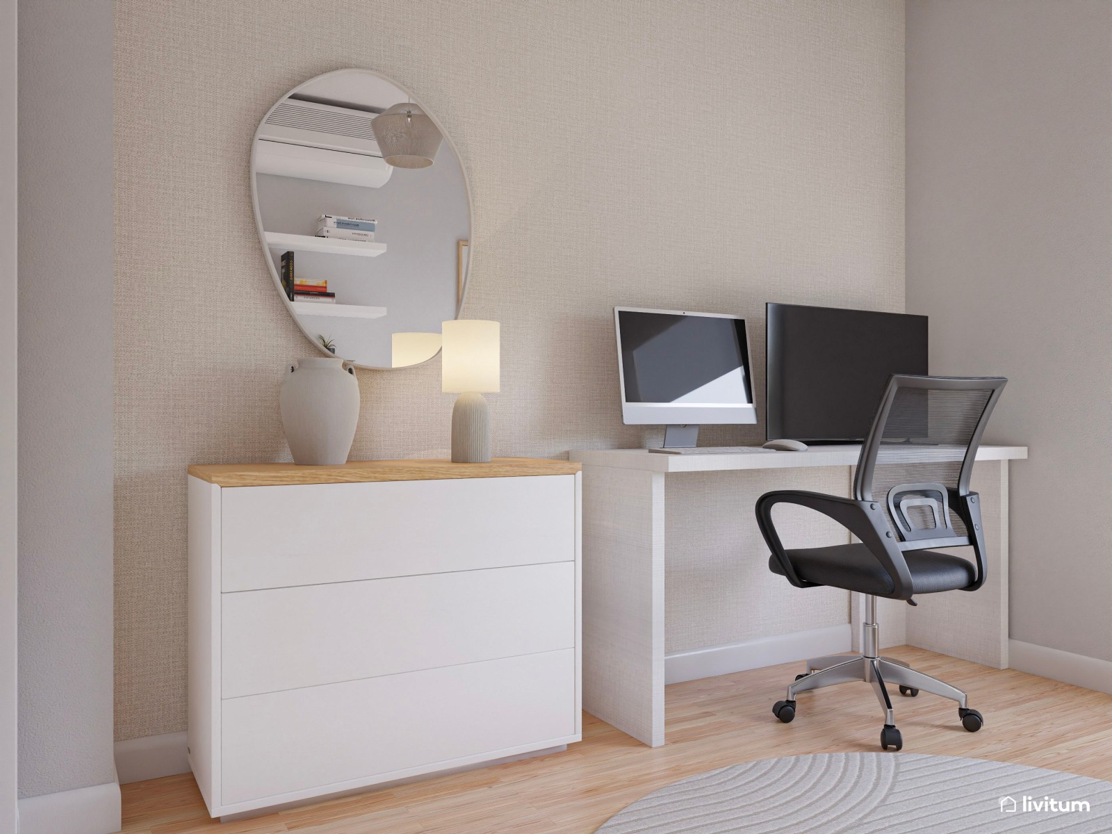 Despacho en tonos claros y con un sillón cama en blanco 