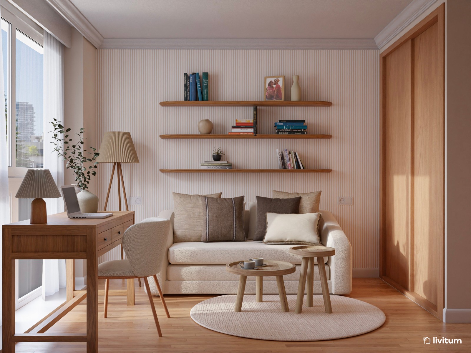 Despacho en tonos tierra y madera con sofá cama