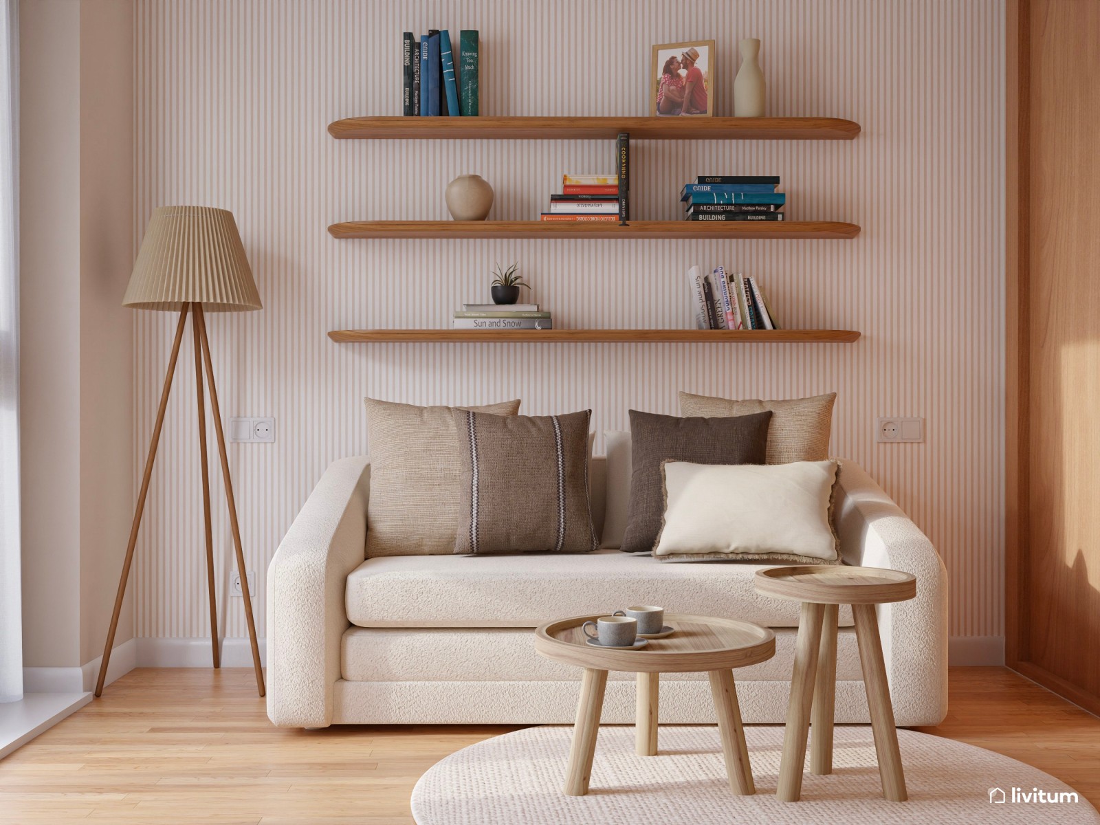 Despacho en tonos tierra y madera con sofá cama