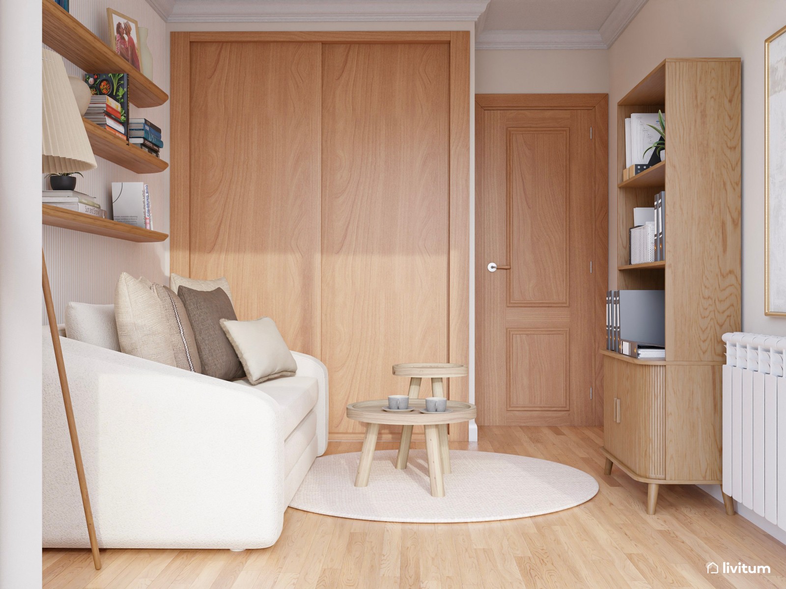 Despacho en tonos tierra y madera con sofá cama