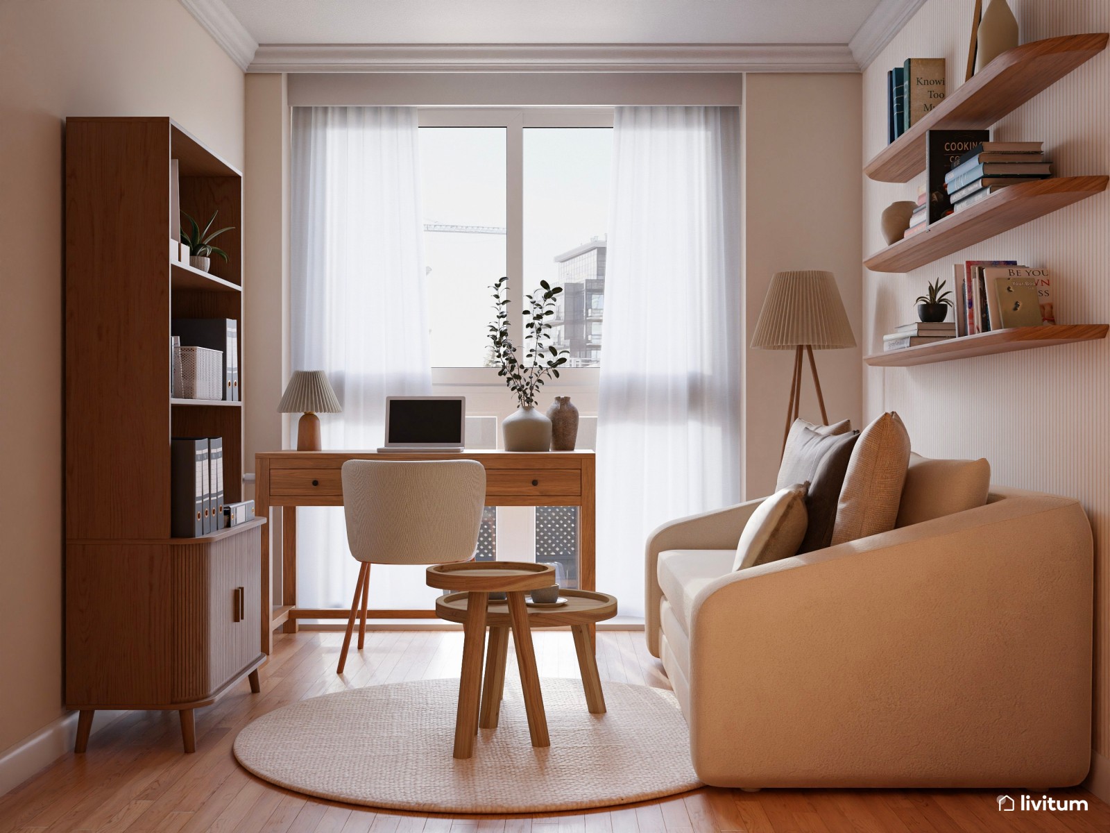 Despacho en tonos tierra y madera con sofá cama