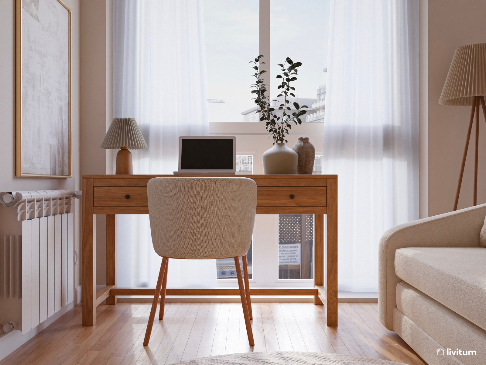 Despacho en tonos tierra y madera con sofá cama