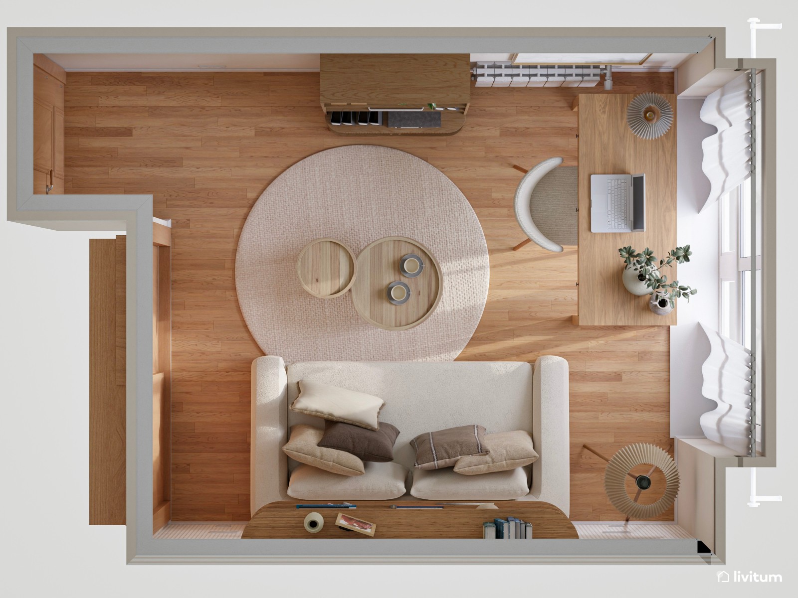 Despacho en tonos tierra y madera con sofá cama