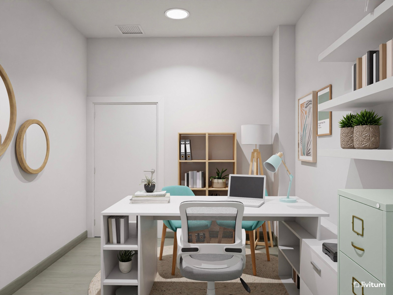 Despacho moderno en blanco y azul turquesa 