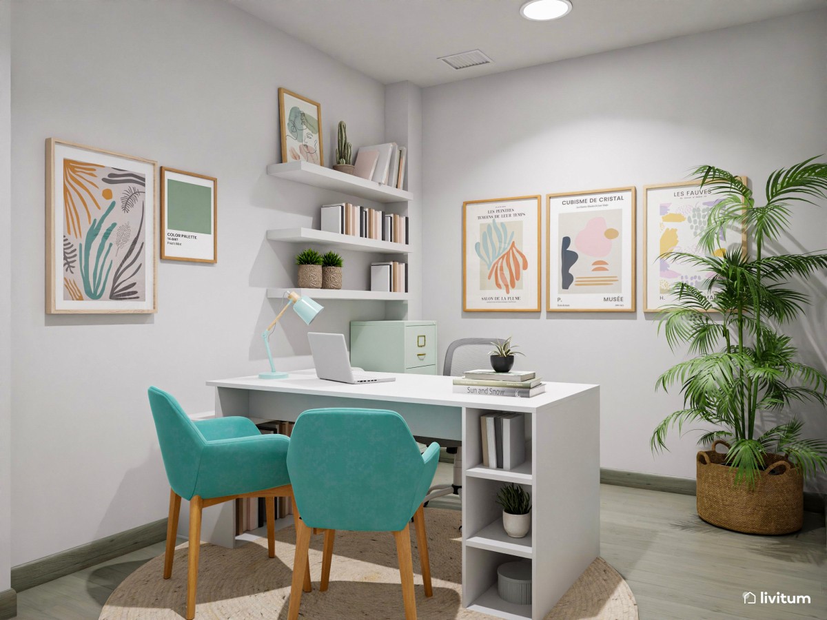 Despacho moderno en blanco y azul turquesa