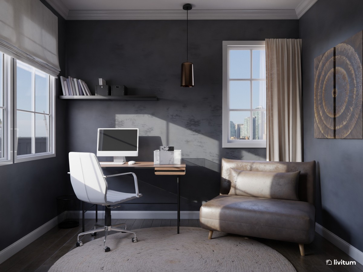 Despacho moderno y oscuro con sillón de cuero