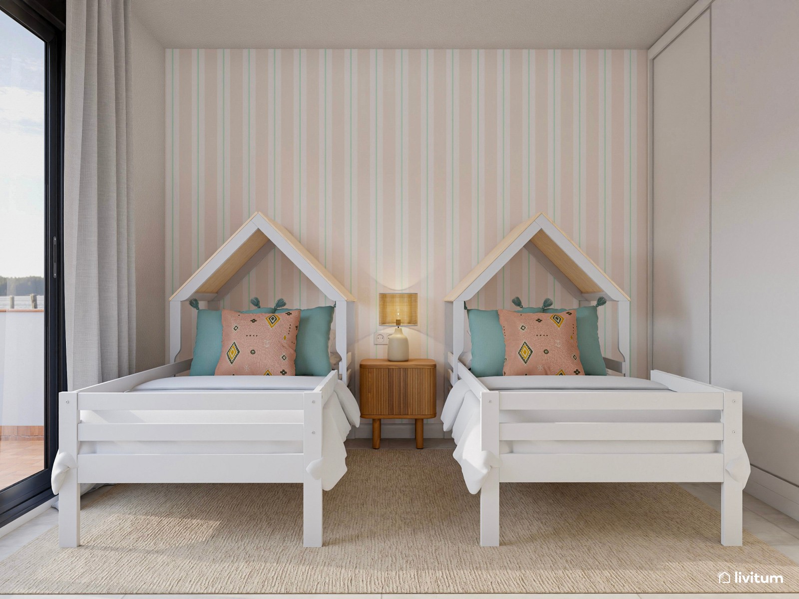 Divertida habitación infantil con camas en forma de casita