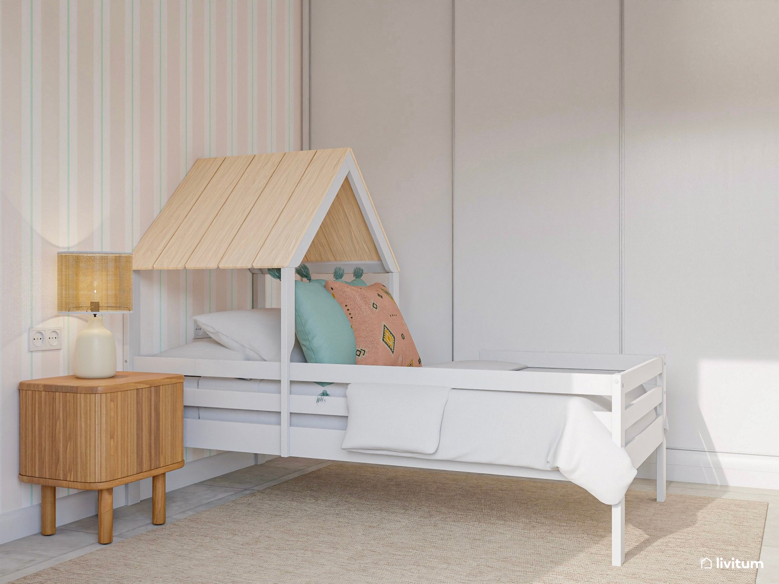 Divertida habitación infantil con camas en forma de casita